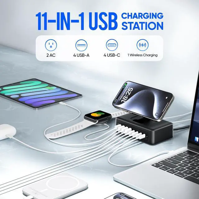 Alt view image 2 of 6 - 300W USB Charging Station, 11-in-1 USB C Power Strip Surge Protector, 2AC Outlets & 8USB Ports, 5ft Flat Plug Extension Cord with Multiple Devices, Desktop Charger for Home Office Desk Accessories