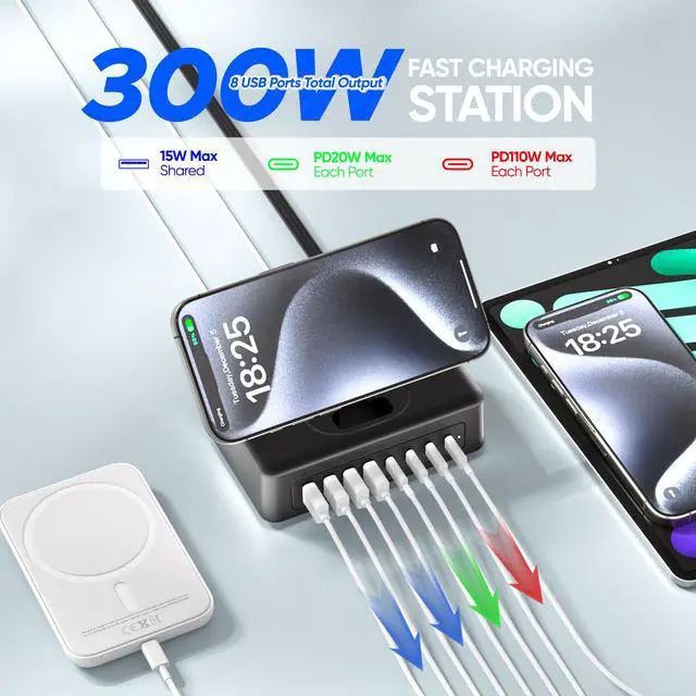 Alt view image 3 of 6 - 300W USB Charging Station, 11-in-1 USB C Power Strip Surge Protector, 2AC Outlets & 8USB Ports, 5ft Flat Plug Extension Cord with Multiple Devices, Desktop Charger for Home Office Desk Accessories