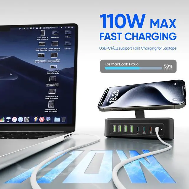 Alt view image 4 of 6 - 300W USB Charging Station, 11-in-1 USB C Power Strip Surge Protector, 2AC Outlets & 8USB Ports, 5ft Flat Plug Extension Cord with Multiple Devices, Desktop Charger for Home Office Desk Accessories