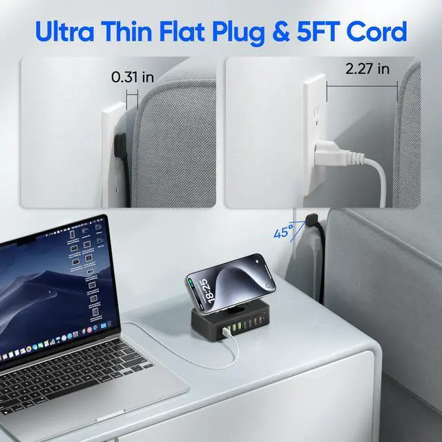 Alt view image 5 of 6 - 300W USB Charging Station, 11-in-1 USB C Power Strip Surge Protector, 2AC Outlets & 8USB Ports, 5ft Flat Plug Extension Cord with Multiple Devices, Desktop Charger for Home Office Desk Accessories