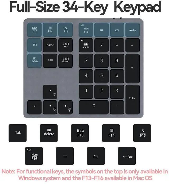 Alt view image 5 of 7 - Backlit Bluetooth Numeric Keypad for Laptops and Computers, Number Pads 34 Keys with 7-Color Backlight for MacBook & Windows, Gray