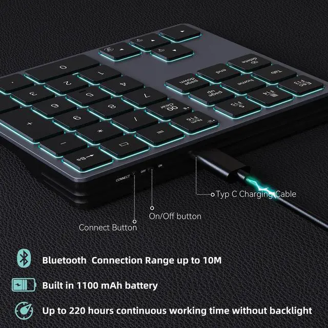 Alt view image 4 of 7 - Backlit Bluetooth Numeric Keypad for Laptops and Computers, Number Pads 34 Keys with 7-Color Backlight for MacBook & Windows, Gray