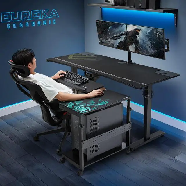 Alt view image 2 of 7 - PC Stand Computer Cart, Height Adjustable Tower Stand 2-Tier Suit for ATX Case Printer, Metal Rolling Cart on Wheels for Gaming Home Office, Black