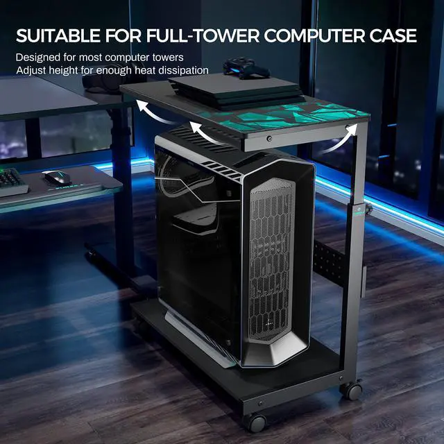 Alt view image 5 of 7 - PC Stand Computer Cart, Height Adjustable Tower Stand 2-Tier Suit for ATX Case Printer, Metal Rolling Cart on Wheels for Gaming Home Office, Black
