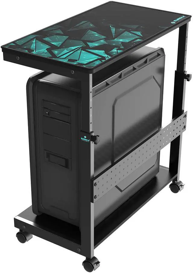 Main image of PC Stand Computer Cart, Height Adjustable Tower Stand 2-Tier Suit for ATX Case Printer, Metal Rolling Cart on Wheels for Gaming Home Office, Black