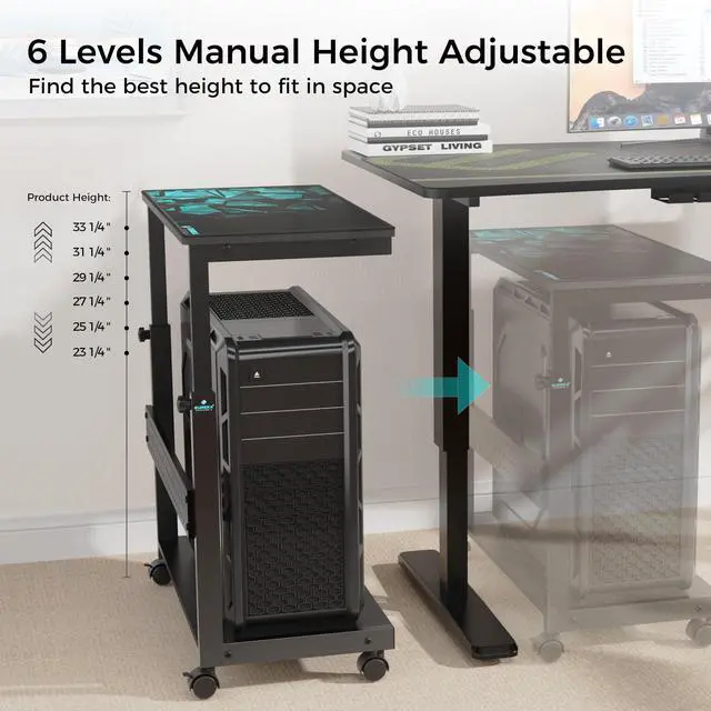 Alt view image 6 of 7 - PC Stand Computer Cart, Height Adjustable Tower Stand 2-Tier Suit for ATX Case Printer, Metal Rolling Cart on Wheels for Gaming Home Office, Black
