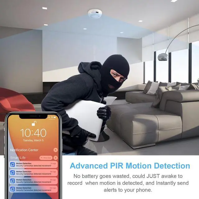 Alt view image 2 of 6 - . Hidden Camera Smoke Detector Wireless WiFi - Nanny Cams with Cell Phone App - 180 Days Battery Power, Night Vision, Motion Detection, Sideways Lens for Indoor Security, No Audio