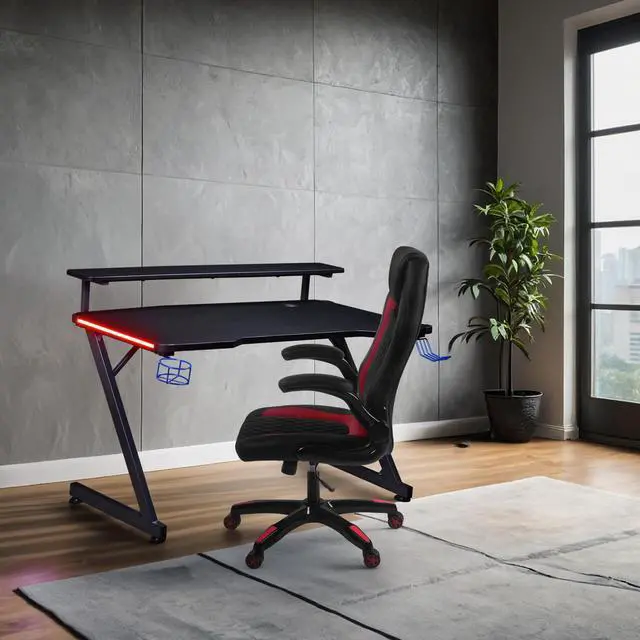 Alt view image 2 of 7 - Series 48" LED Gaming Desk with Riser Shelf, Cable Management Grommet, Cup Holder & Headphone Hook Carbon Fiber Black