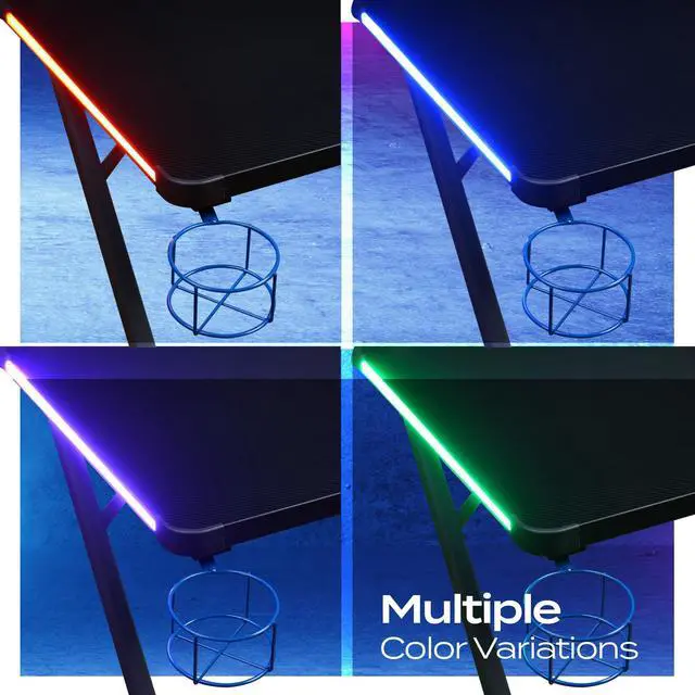 Alt view image 4 of 7 - Series 48" LED Gaming Desk with Riser Shelf, Cable Management Grommet, Cup Holder & Headphone Hook Carbon Fiber Black
