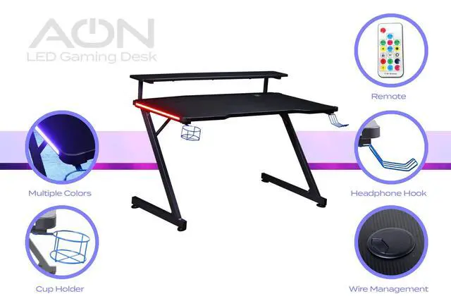 Alt view image 5 of 7 - Series 48" LED Gaming Desk with Riser Shelf, Cable Management Grommet, Cup Holder & Headphone Hook Carbon Fiber Black