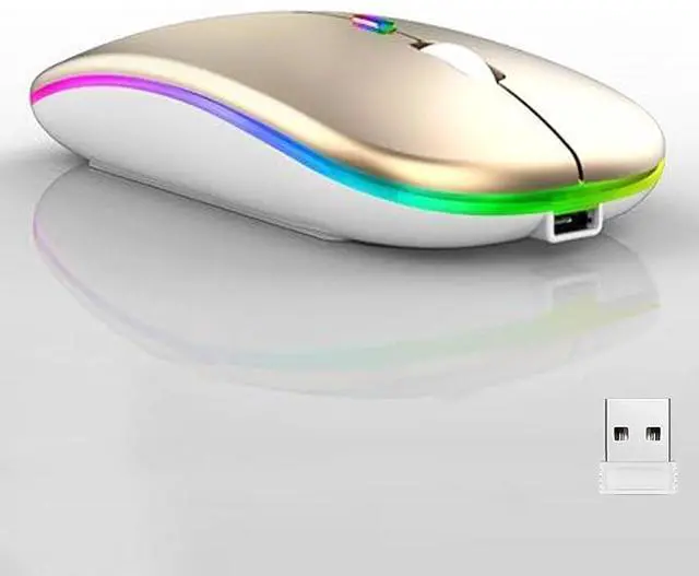 Main image of Wireless Bluetooth Mouse,LED Dual Mode Rechargeable Silent Slim Laptop Mouse,Portable(BT5.2+USB Receiver) Dual Mode Computer Mice,for Laptop,Desktop Computer,ipad Tablet,Phone,TV (Gold)