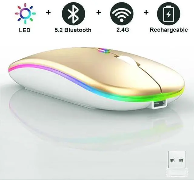 Alt view image 3 of 7 - Wireless Bluetooth Mouse,LED Dual Mode Rechargeable Silent Slim Laptop Mouse,Portable(BT5.2+USB Receiver) Dual Mode Computer Mice,for Laptop,Desktop Computer,ipad Tablet,Phone,TV (Gold)