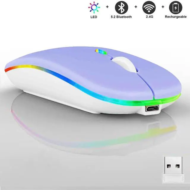 Alt view image 2 of 7 - Wireless Bluetooth Mouse,LED Dual Mode Rechargeable Silent Slim Laptop Mouse,Portable(BT5.2+USB Receiver) Dual Mode Computer Mice,for Laptop,Desktop Computer,ipad Tablet,Phone,Mac(Purple)