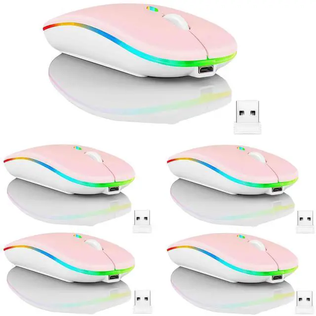 Main image of 5 Pack Wireless Bluetooth Mouse,LED Dual Mode Rechargeable Silent Slim Laptop Mouse,Portable(BT5.2+USB Receiver) Dual Mode Computer Mice,for Laptop,Desktop Computer,ipad Tablet,Phone,TV (Pink)