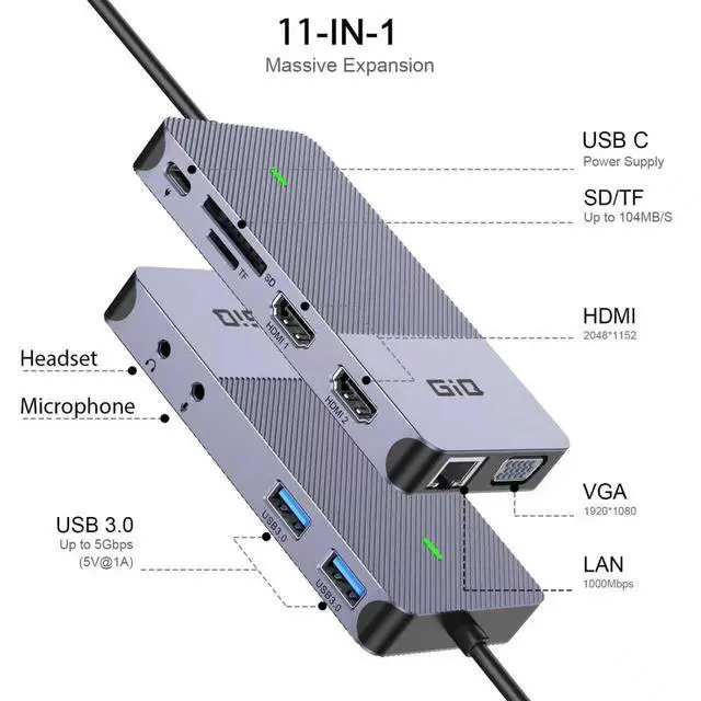 Alt view image 2 of 7 - USB Docking Station USB C HUB USB 3.0 to Dual HDMI VGA Adapter Triple Display USB C Laptop Docking Station Dual Monitor HDMI Splitter Extender Compatible with MacBook M1 M2 M3 M4 M5 USB Dock