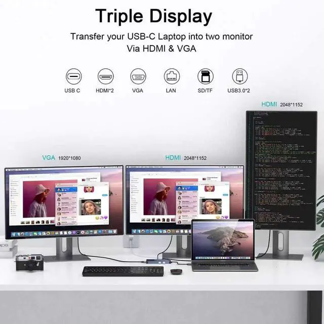 Alt view image 3 of 7 - USB Docking Station USB C HUB USB 3.0 to Dual HDMI VGA Adapter Triple Display USB C Laptop Docking Station Dual Monitor HDMI Splitter Extender Compatible with MacBook M1 M2 M3 M4 M5 USB Dock