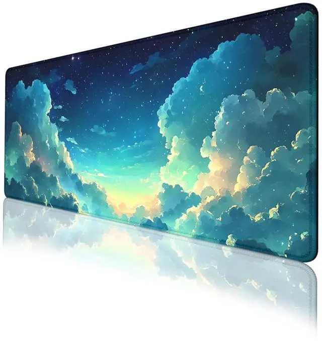 Main image of Anime Sky Mouse Pad Cartoon Blue Green Sky Clouds Stars Extended Mousepad Waterproof Stitched Edges Rubber Base Non-Slip Deskpad Computer Keyboard Mat 31.5x11.8 in