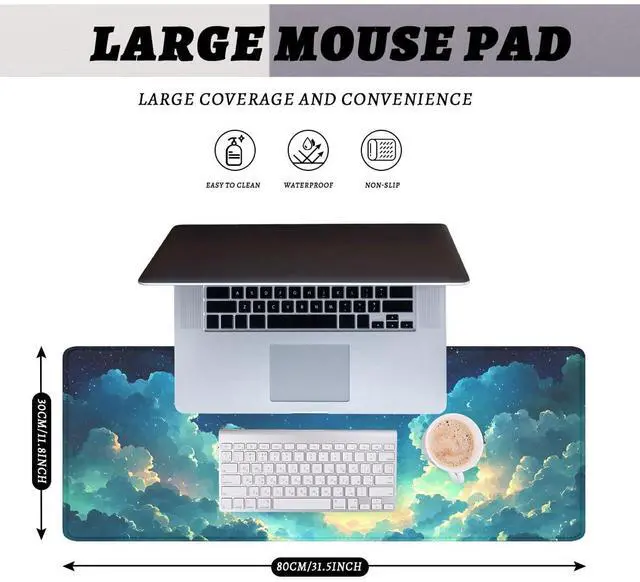 Alt view image 2 of 7 - Anime Sky Mouse Pad Cartoon Blue Green Sky Clouds Stars Extended Mousepad Waterproof Stitched Edges Rubber Base Non-Slip Deskpad Computer Keyboard Mat 31.5x11.8 in