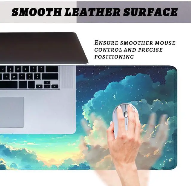 Alt view image 3 of 7 - Anime Sky Mouse Pad Cartoon Blue Green Sky Clouds Stars Extended Mousepad Waterproof Stitched Edges Rubber Base Non-Slip Deskpad Computer Keyboard Mat 31.5x11.8 in