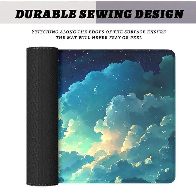 Alt view image 4 of 7 - Anime Sky Mouse Pad Cartoon Blue Green Sky Clouds Stars Extended Mousepad Waterproof Stitched Edges Rubber Base Non-Slip Deskpad Computer Keyboard Mat 31.5x11.8 in