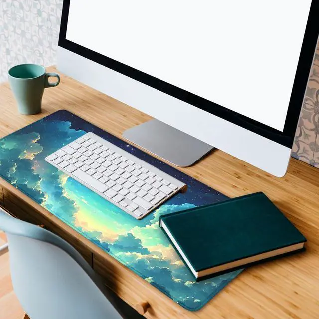 Alt view image 5 of 7 - Anime Sky Mouse Pad Cartoon Blue Green Sky Clouds Stars Extended Mousepad Waterproof Stitched Edges Rubber Base Non-Slip Deskpad Computer Keyboard Mat 31.5x11.8 in