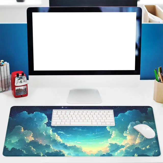 Alt view image 6 of 7 - Anime Sky Mouse Pad Cartoon Blue Green Sky Clouds Stars Extended Mousepad Waterproof Stitched Edges Rubber Base Non-Slip Deskpad Computer Keyboard Mat 31.5x11.8 in