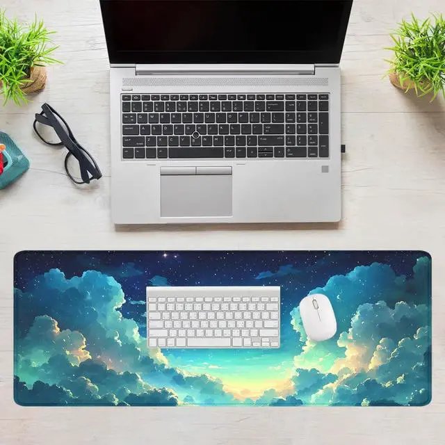 Alt view image 7 of 7 - Anime Sky Mouse Pad Cartoon Blue Green Sky Clouds Stars Extended Mousepad Waterproof Stitched Edges Rubber Base Non-Slip Deskpad Computer Keyboard Mat 31.5x11.8 in