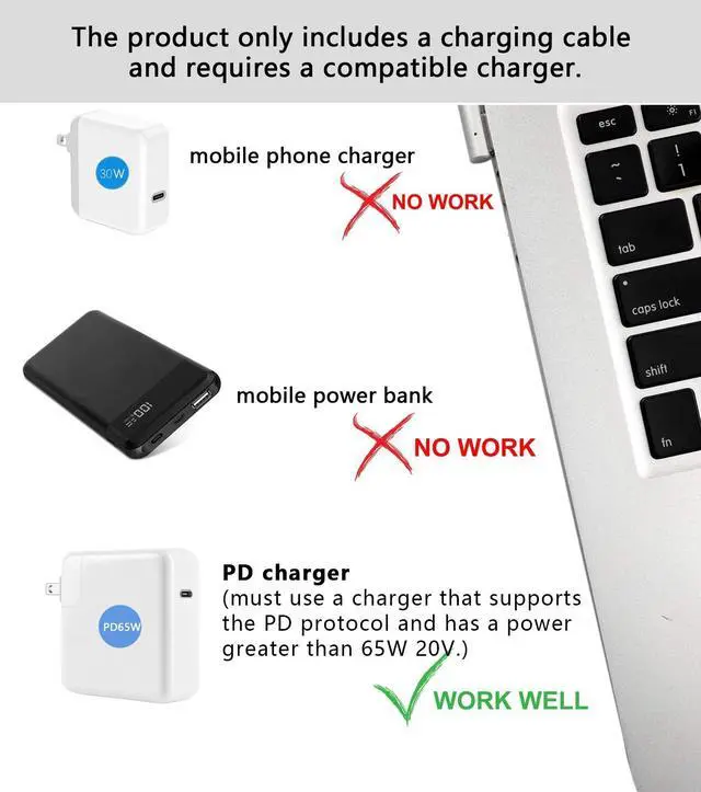 Alt view image 4 of 7 - 60W USB C to Magnetic 1 Charging Cable L-Tip Magnetic Head Compatible with MacBook Air Pro 2007-2012Only Charging Cable, Need to use with PD65W Charger