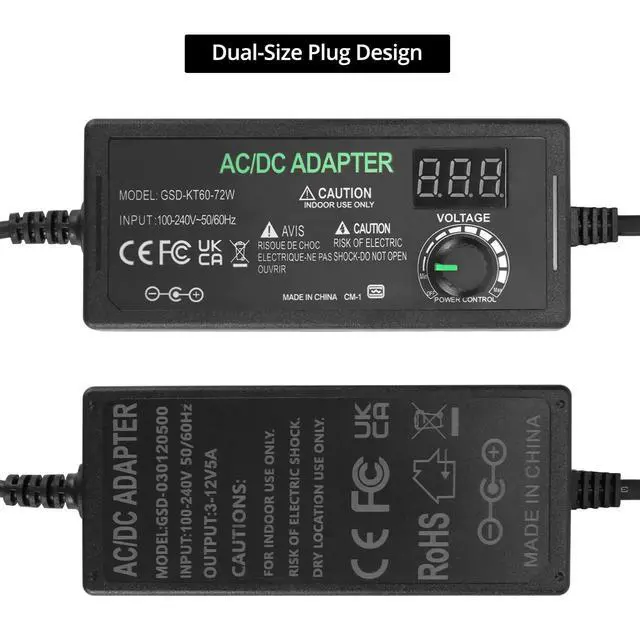 Alt view image 5 of 7 - 3V-12V 5A 60W Universal Power Supply, 100V-240V AC to DC Converter, Switching Power Supply with LED Display, AC/DC Adapter, Compatible with 5.5x2.5mm & 5.5x2.1mm Plugs, 2 Pack