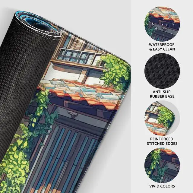 Alt view image 6 of 7 - Japanese Street Scene Large Gaming Mouse Pad 31.5"x15.7"XXL Desk Mat, Non-Slip Rubber Base & Stitched Edges - Extended Waterproof Mousepad for PC/Laptop/Office/Home Decor