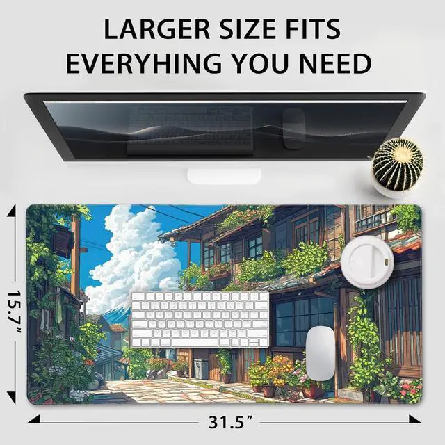 Alt view image 4 of 7 - Japanese Street Scene Large Gaming Mouse Pad 31.5"x15.7"XXL Desk Mat, Non-Slip Rubber Base & Stitched Edges - Extended Waterproof Mousepad for PC/Laptop/Office/Home Decor