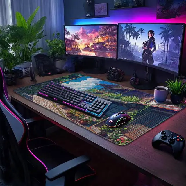Alt view image 3 of 7 - Japanese Street Scene Large Gaming Mouse Pad 31.5"x15.7"XXL Desk Mat, Non-Slip Rubber Base & Stitched Edges - Extended Waterproof Mousepad for PC/Laptop/Office/Home Decor
