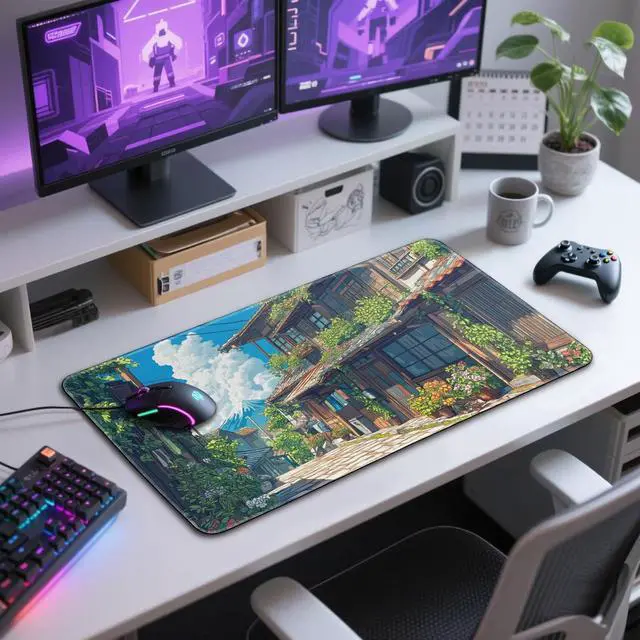 Alt view image 7 of 7 - Japanese Street Scene Large Gaming Mouse Pad 31.5"x15.7"XXL Desk Mat, Non-Slip Rubber Base & Stitched Edges - Extended Waterproof Mousepad for PC/Laptop/Office/Home Decor