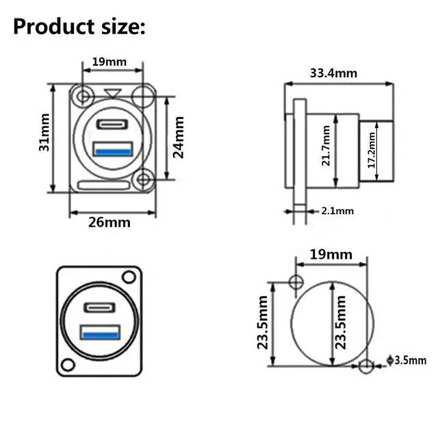 Alt view image 6 of 7 - 2PCS Dual USB Panel Mount Adapter,USB-C 3.1 & USB 3.0 Female to Female Connector,USB A & Type C Feedthrough Bulkhead Socket for Car/Home/Industrial Use