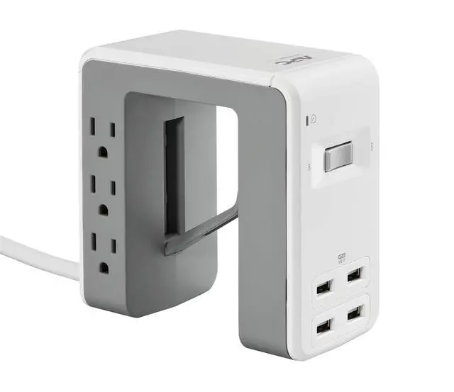 Alt view image 3 of 7 - Desk Mount Power Station PE6U4W, U-Shaped Surge Protector with USB Ports (4), Desk Clamp, 6 Outlet, 1080 Joules , White