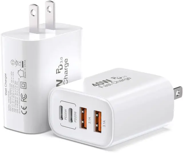 Main image of 40W USB C Charger Block 2-Pack, 4-Port Fast Charging Block (2 USB-C + 2 USB-A), Compact Multi-Device Wall Plug Adapter for iPhone 17,16,15,14,13, Pro Max, Samsung Galaxy S24/S23, Travel & Home