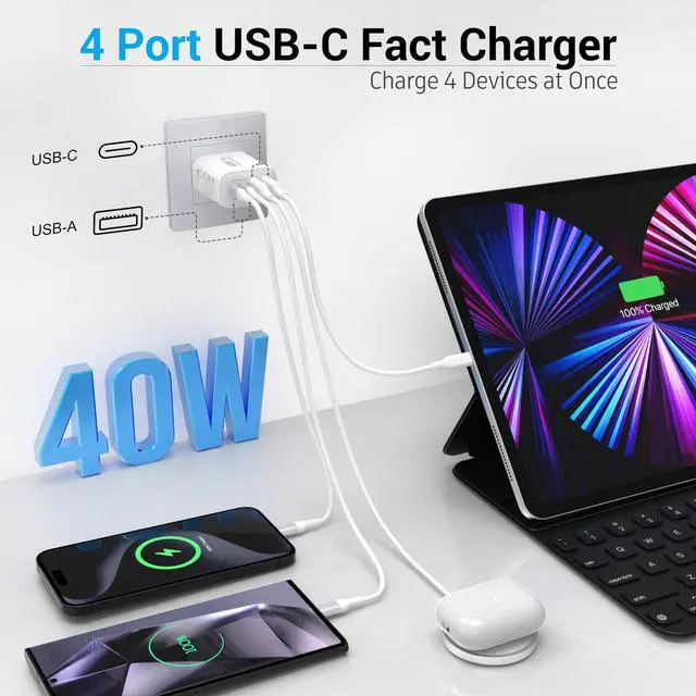 Alt view image 4 of 7 - 40W USB C Charger Block 2-Pack, 4-Port Fast Charging Block (2 USB-C + 2 USB-A), Compact Multi-Device Wall Plug Adapter for iPhone 17,16,15,14,13, Pro Max, Samsung Galaxy S24/S23, Travel & Home