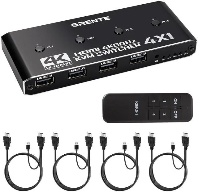 Main image of 4 Port KVM Switch HDMI 1 Monitors 4 Computers - 4K@60Hz KVM Switcher with USB 2.0, 1 Keyboard 4 Computers Switch Box for Desktop, Mini PC, Laptop, Linux - with 4 HDMI Cables & USB Cables