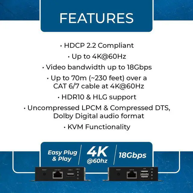 Alt view image 6 of 7 - 4K HDMI Extender Over Ethernet With KVM - 4K@60Hz Up To 230 Feet Over CAT 6/7 - USB 1.1 Keyboard And Mouse Support, Loop Out, Power Over Cable
