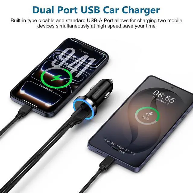 Alt view image 4 of 7 - USB C Car Charger, 3.4A Fast Charging Car Adapter+3ft Type C Cable for Samsung Galaxy S26 S25 S24 S23 S22 S21 S20 S10 Note 20 A10E A20 A50 A51 A71,LG Stylo 6/5 G7 V60 ThinQ Moto G8 Google Pixel 4 3a