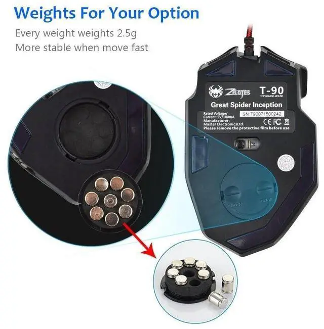 Alt view image 3 of 7 - Gaming Mouse,9200DPI USB Wired Ergonomic Optical Gaming Mice,8 Buttons,7 Kinds of LED Lights,Weight Tuning Set, for Laptop,PC,Mac - Black