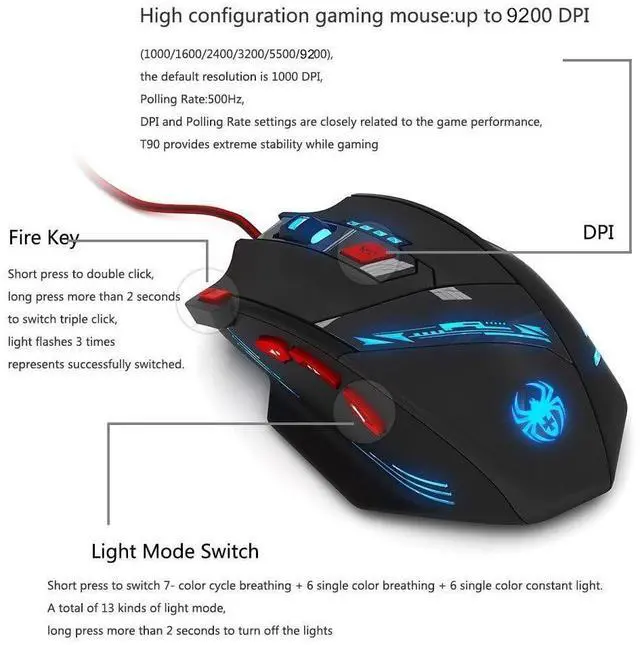 Alt view image 4 of 7 - Gaming Mouse,9200DPI USB Wired Ergonomic Optical Gaming Mice,8 Buttons,7 Kinds of LED Lights,Weight Tuning Set, for Laptop,PC,Mac - Black