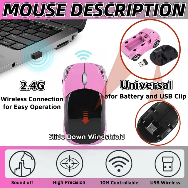 Alt view image 2 of 5 - Pink Wireless MouseMini Car Computer Mouse1600DPI 2.4G Wireless with USB Receiver Wirelesss Car Mouses for Computer for PC, Laptop, Tablet Win XP/Vista/7/ME/2000/Mac OS for Womens Office Girls Gift