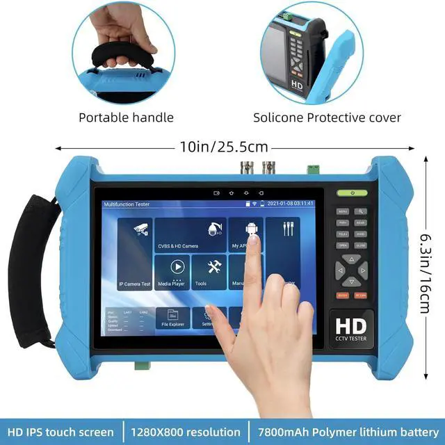 Alt view image 2 of 7 - Koolertron 7" IPS Touch Screen 4K H.265 IP Camera Tester - POE/WiFi, CVBS Analog Tester, HDMI Output, RJ45 TDR, 8GB TF Card, Dual Window Test, Firmware Upgrade