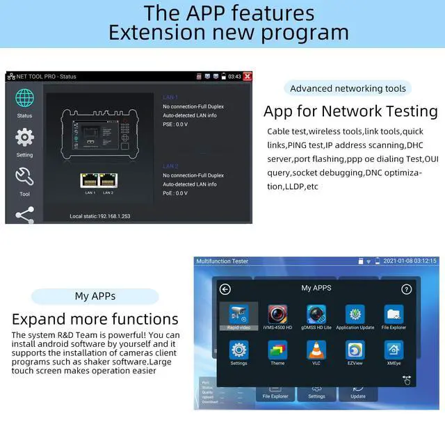 Alt view image 3 of 7 - Koolertron 7" IPS Touch Screen 4K H.265 IP Camera Tester - POE/WiFi, CVBS Analog Tester, HDMI Output, RJ45 TDR, 8GB TF Card, Dual Window Test, Firmware Upgrade
