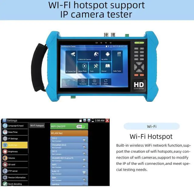 Alt view image 7 of 7 - Koolertron 7" IPS Touch Screen 4K H.265 IP Camera Tester - POE/WiFi, CVBS Analog Tester, HDMI Output, RJ45 TDR, 8GB TF Card, Dual Window Test, Firmware Upgrade