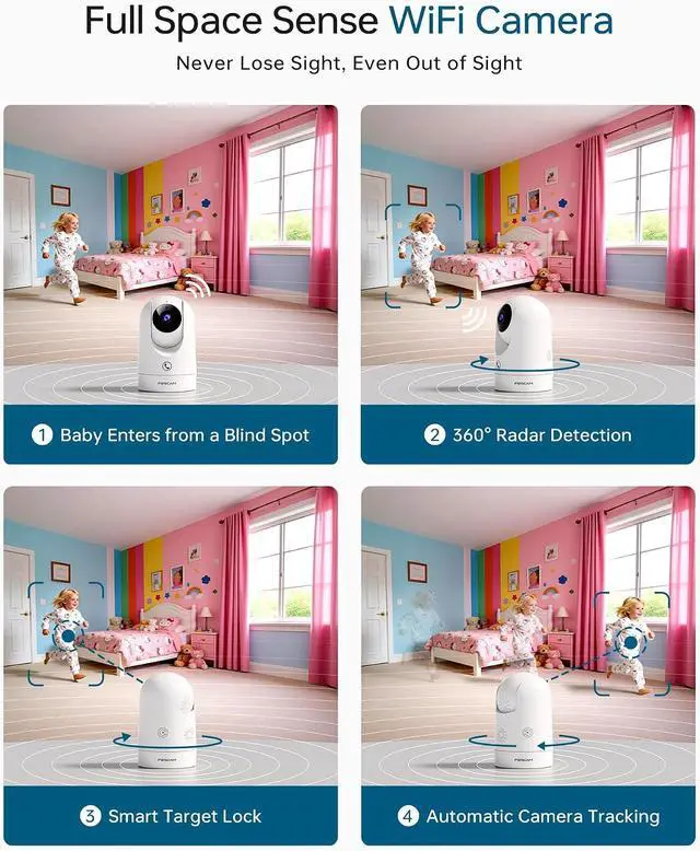 Alt view image 2 of 7 - FOSCAM 4K Indoor Camera, Full Space Sense WiFi Camera with 360° Radar Auto-Tracking Baby Monitor & Pet Camera - No-Blind-Spot View, One Touch Call, Human/Motion/Sound Detection, Compatible with Alexa