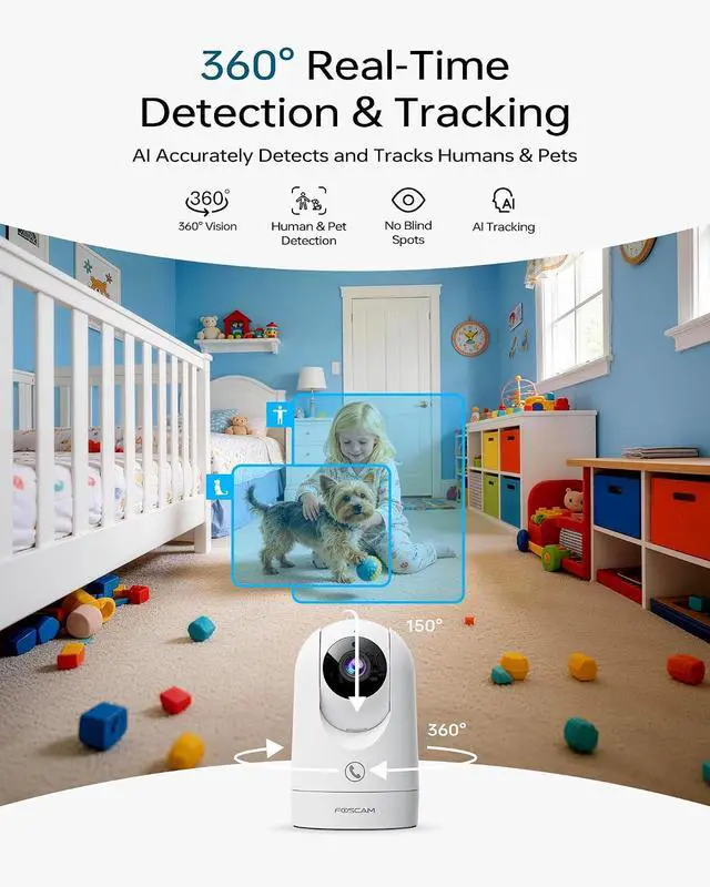 Alt view image 5 of 7 - FOSCAM 4K Indoor Camera, Full Space Sense WiFi Camera with 360° Radar Auto-Tracking Baby Monitor & Pet Camera - No-Blind-Spot View, One Touch Call, Human/Motion/Sound Detection, Compatible with Alexa