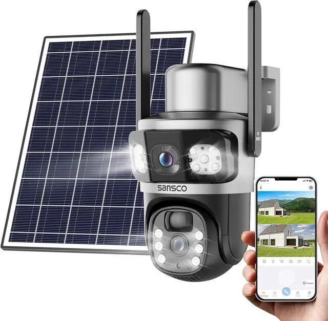 Main image of SANSCO 2K Dual Lens Solar Security Camera Wireless Outdoor, 2.4G & 5G WiFi, 360° PTZ Home Security Camera, 100% Wired Free, Spotlight Color Night Vision, 2-Way Audio, PIR Motion Detection, APP Alerts