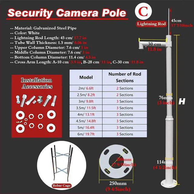 Alt view image 2 of 7 - 20 Ft 10 Ft 8 Feet Security Camera Pole Mount Bracket, Universal Heavy-Duty Outdoor CCTV 24 Hr Surveillance Cameras Post with Cement Base & Lightning Rod(#C,4 m/13.1 ft)